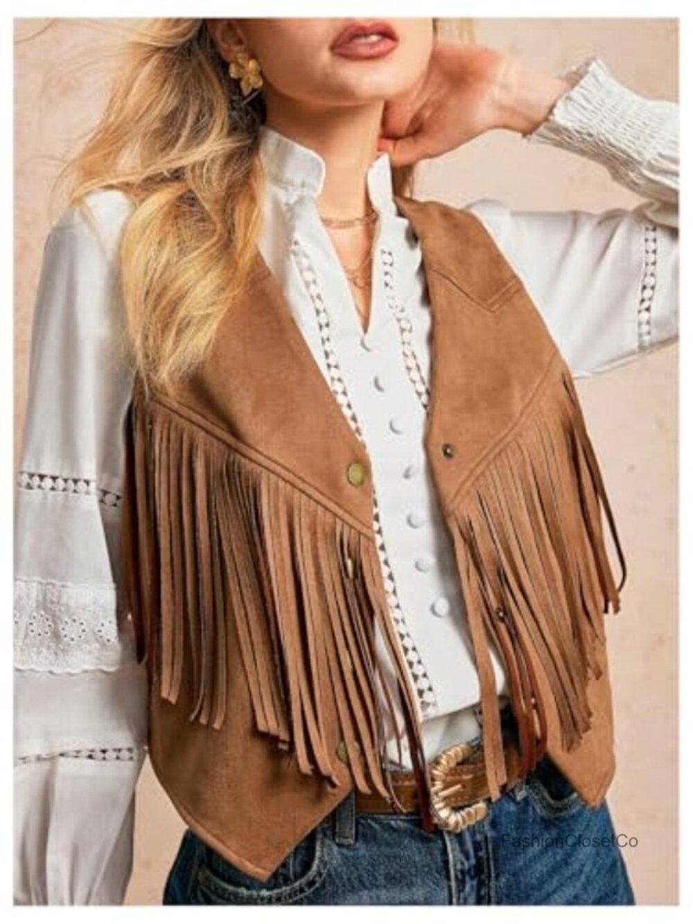 Women's Faux Suede Fringe Vest Sleeveless Western Cowgirl Jacket - Picture 4 of 4